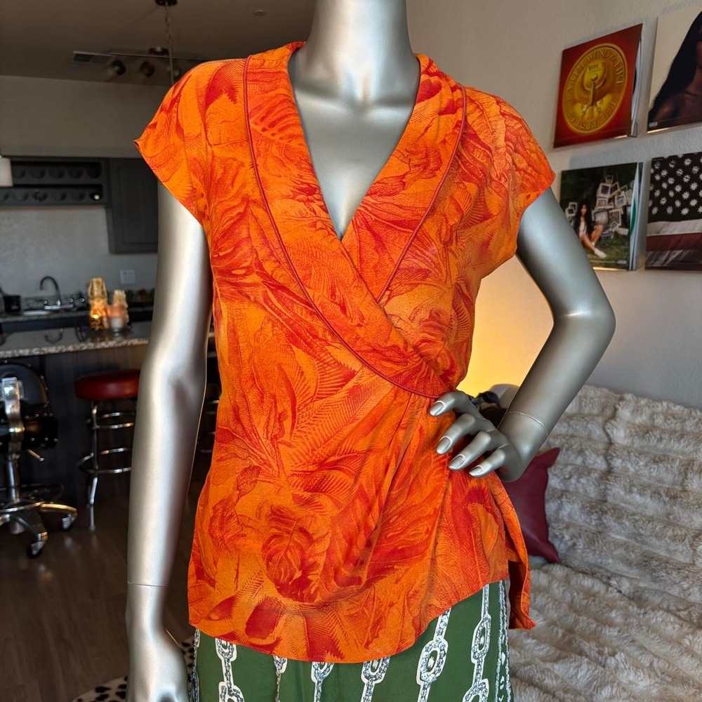 Vintage Dorothy Schoelen Platinum Orange Tropical Wrap Blouse Top 4